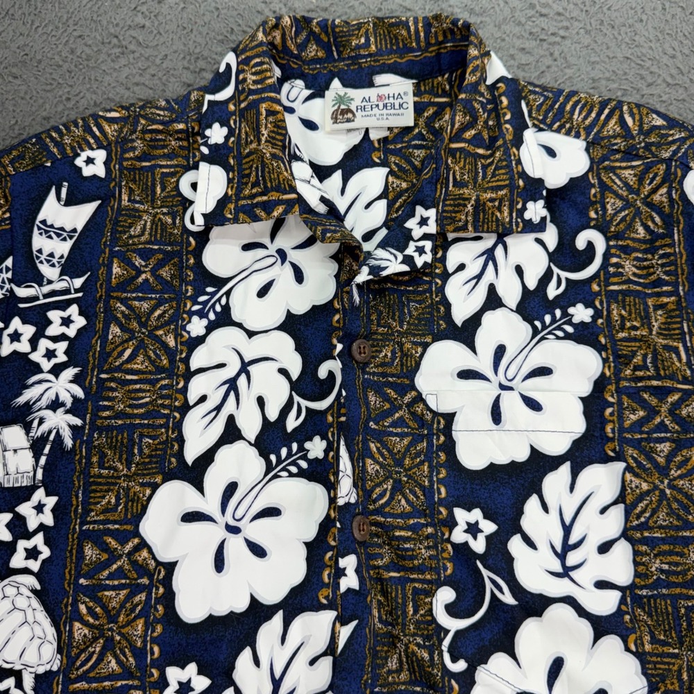 Aloha Republic Hawaiian Shirt Mens S Blue Hibiscus Floral Turtle Cotton Casual